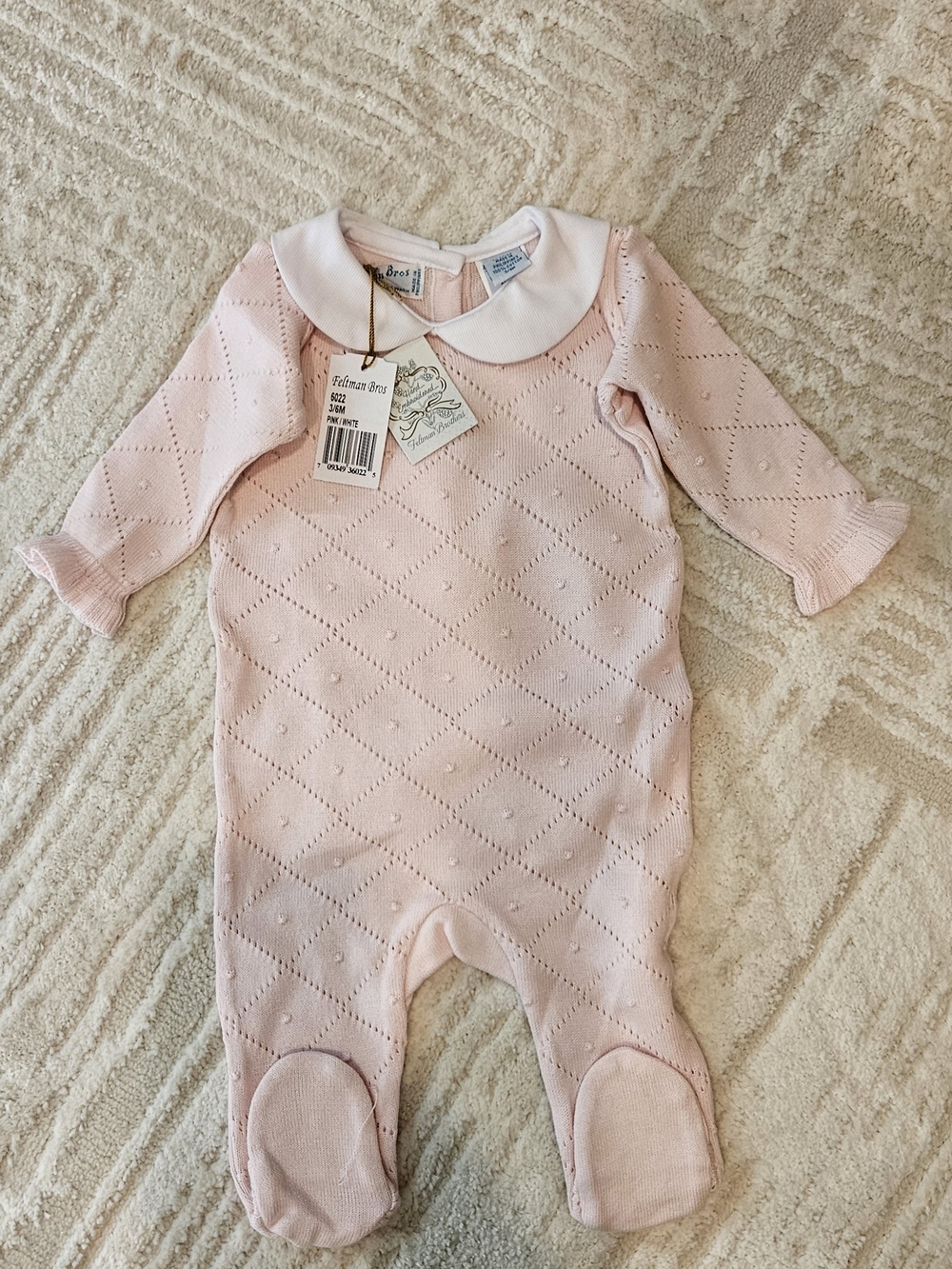 Soft Pink Knit Infant Footed Bodysuit with Peter Pan Collar